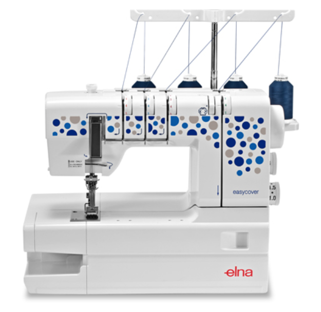 White Elna serger with blue and grey dot accents; spools of thread attached.