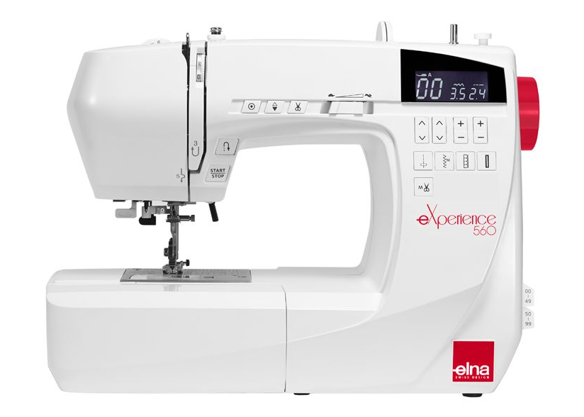 White Elna eXperience 560 sewing machine with digital display and red details.