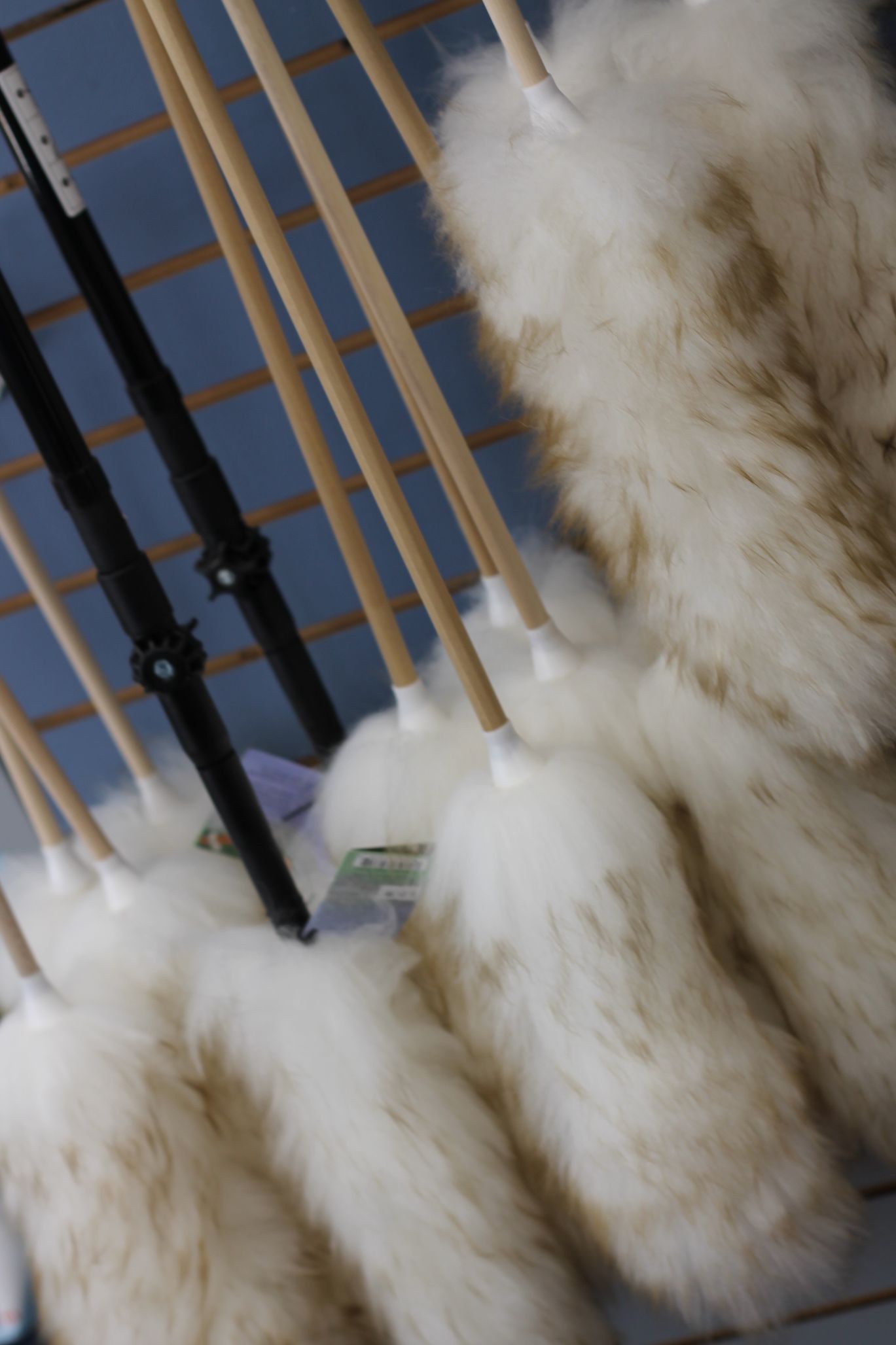 Dust mops with fluffy white heads and wooden handles leaning against a wall.