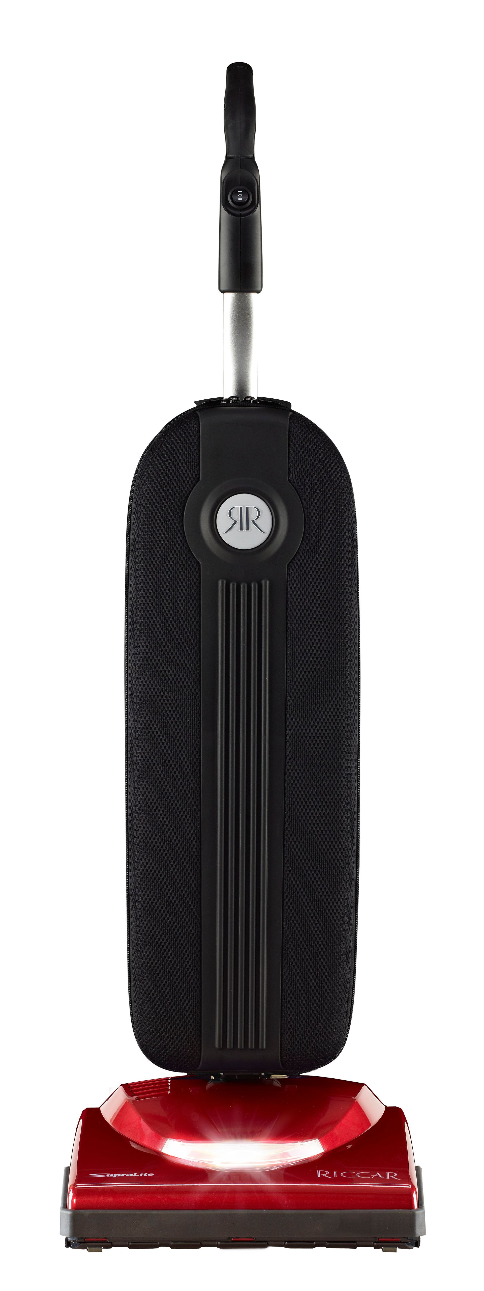 A red and black upright vacuum cleaner on a white background.