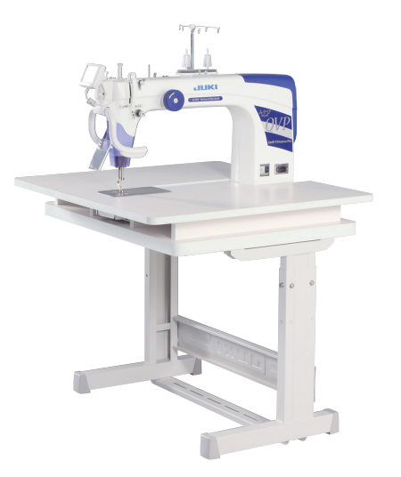 White and blue industrial sewing machine on a white table.