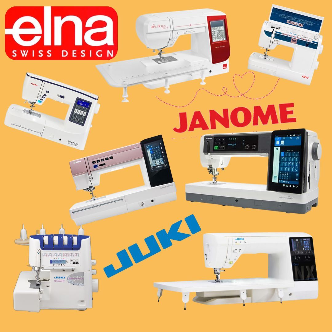 Sewing machines of Elna, Janome, and Juki brands on a yellow background.