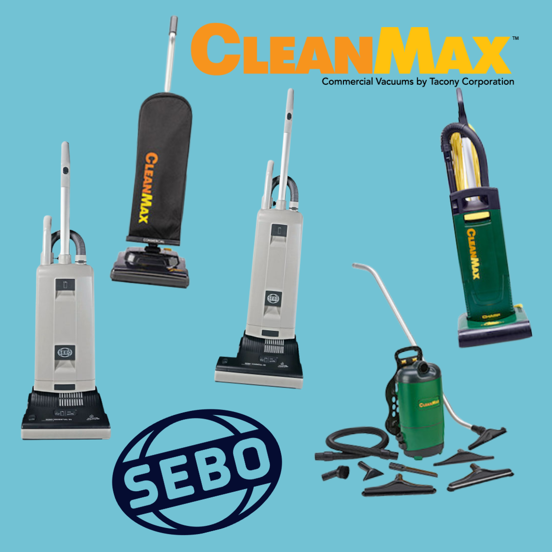 CleanMax and SEBO vacuum cleaners on a blue background. Several upright models, plus a backpack sprayer with attachments.