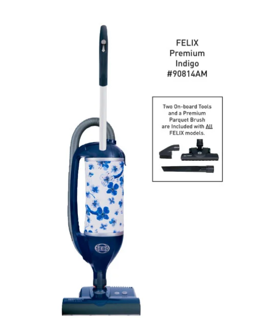 Blue Felix Premium Indigo vacuum cleaner with on-board tools.