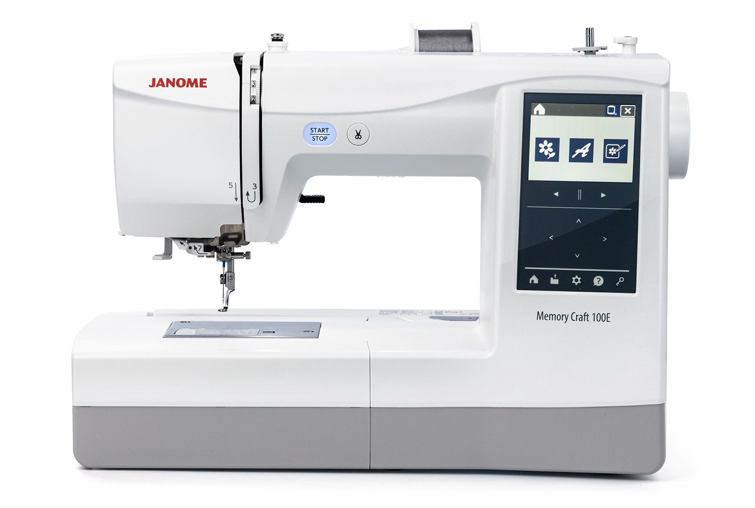 White Janome sewing machine with touch screen control panel.