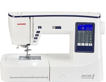 White Janome Skyline S3 sewing machine with digital display and controls.