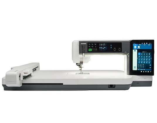 White and gray sewing machine with a touchscreen interface and embroidery arm.