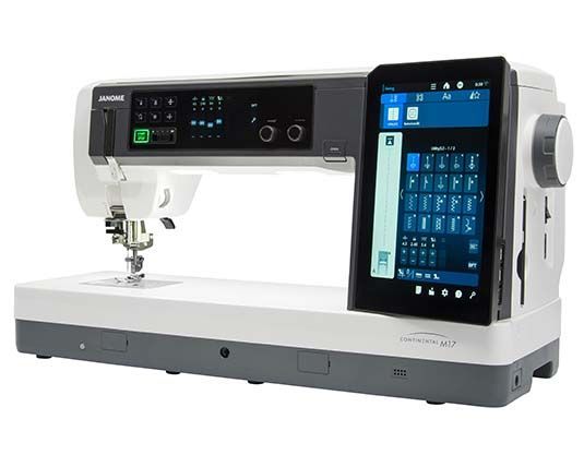 White and gray sewing machine with a touchscreen display.