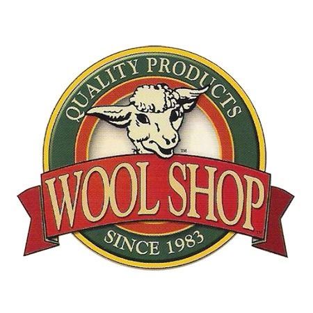 Wool Shop logo with sheep head, red banner saying 