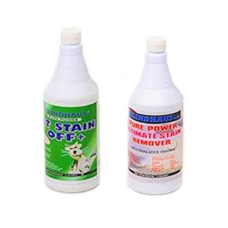 Two white bottles of pet stain remover, one labeled 