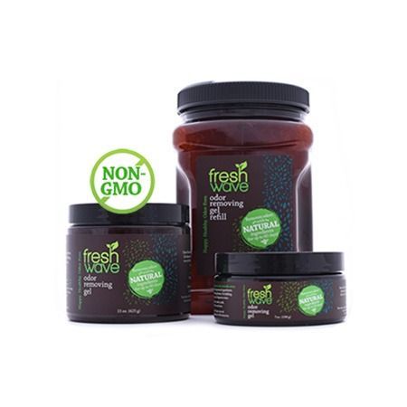Three jars of Fresh Wave odor removing gel, one with a 