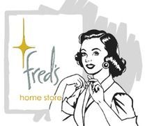 Logo for Fred's Home Store. Woman in vintage style, holding her collar. Gray and gold accents.
