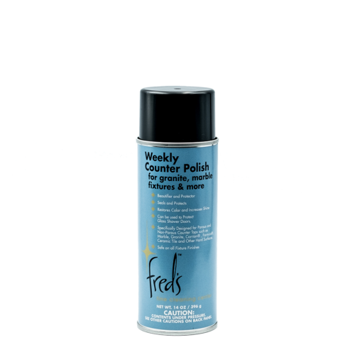 Can of Fred's Weekly Counter Polish; blue can with black cap; for granite, marble & fixtures.