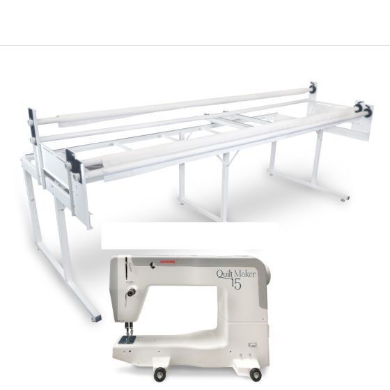 White quilting frame with mounted Janome Quilt Maker 15 sewing machine.