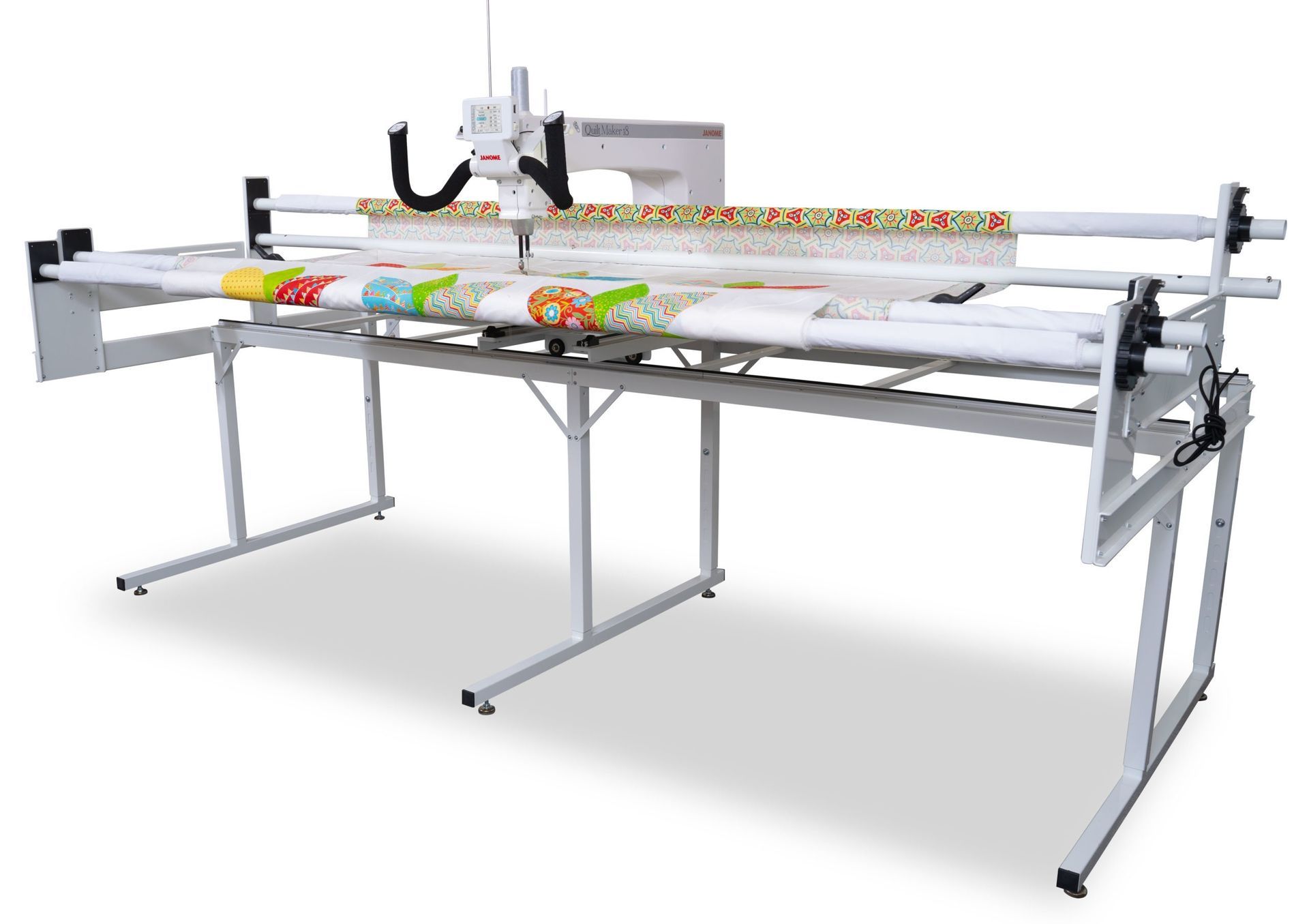 A longarm quilting machine with a white frame and fabric stretched across the rollers.