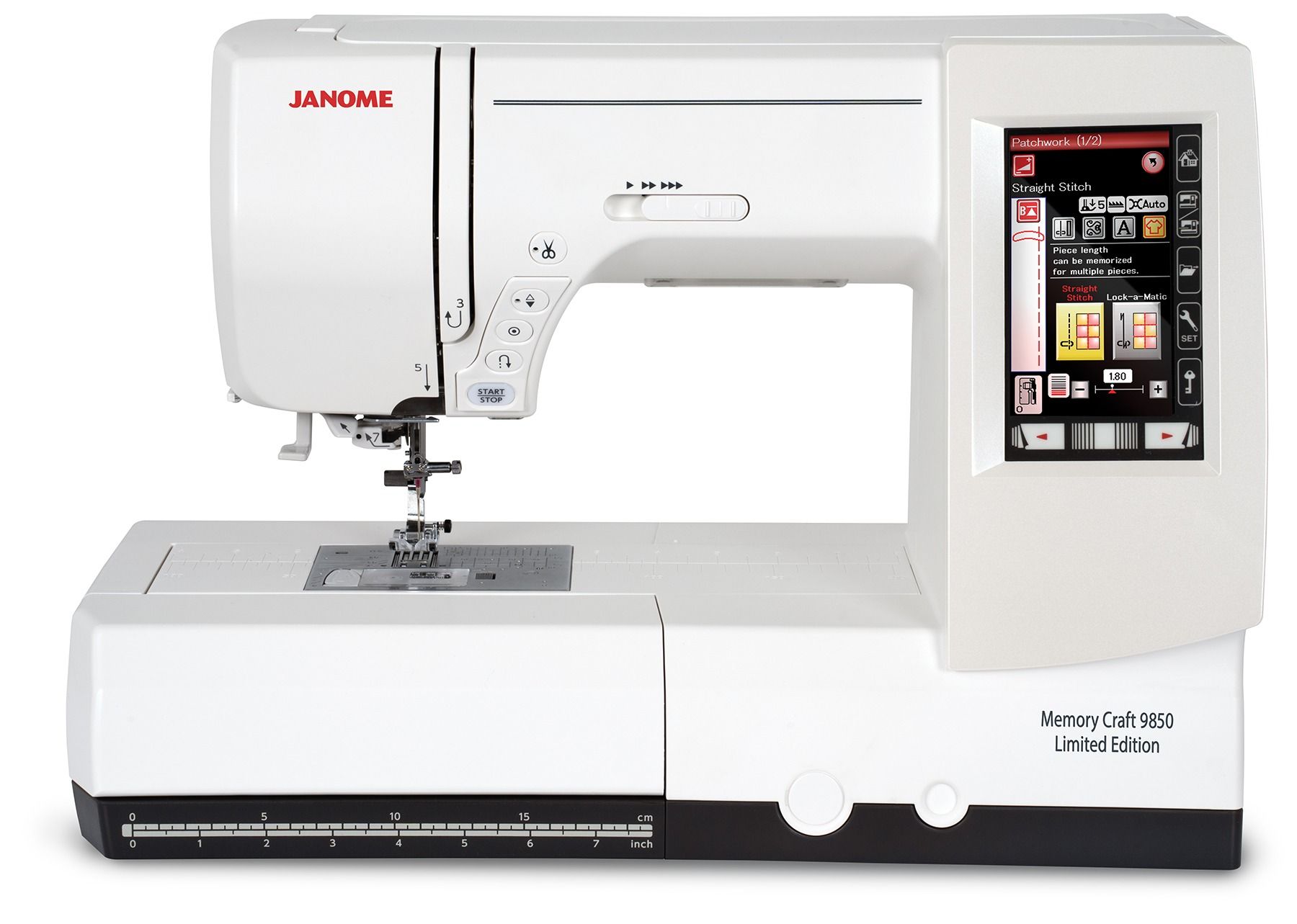 White Janome sewing machine with touch screen interface, side view.