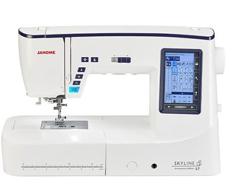 White Janome Skyline S7 sewing machine with LCD screen and various buttons.