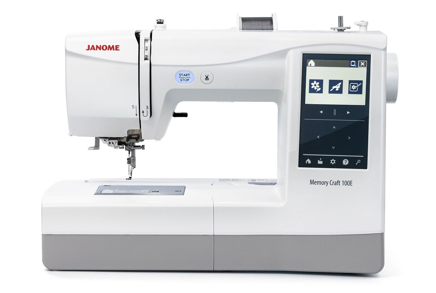 White Janome sewing machine with touch screen interface.