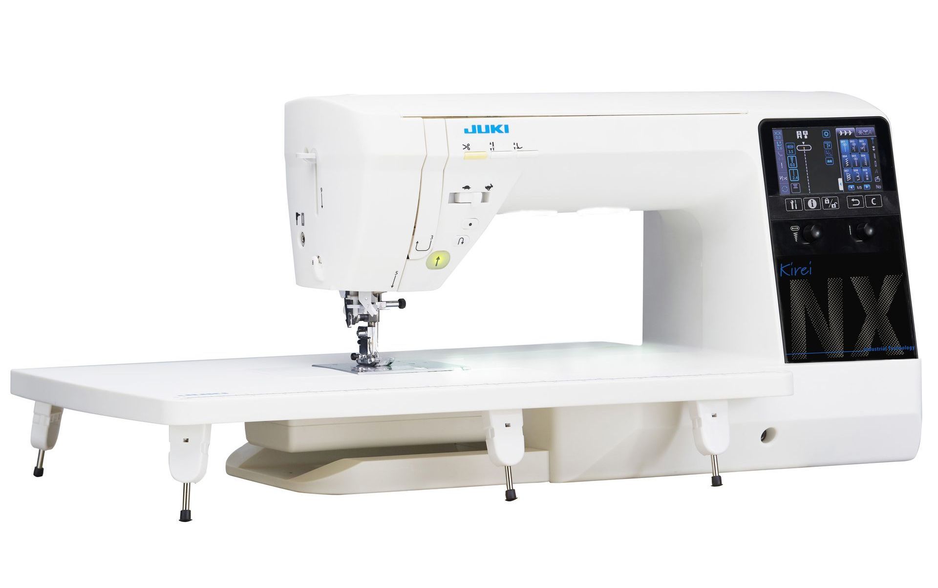 A JUKI NX white sewing machine with an extended flatbed table on a plain background.