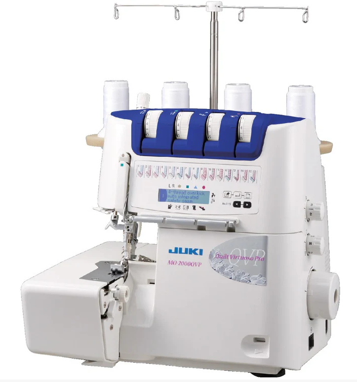 White and blue Juki MO-1000 serger with thread spools and display panel.