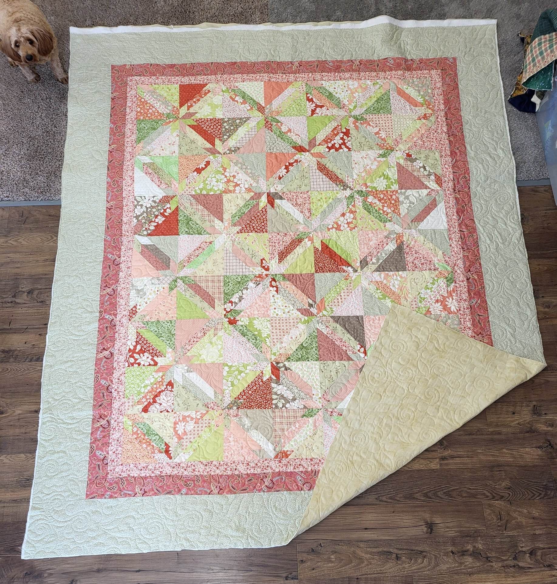 Quilt with geometric patterned center, red and green borders, beige backing, and small dog in the background.