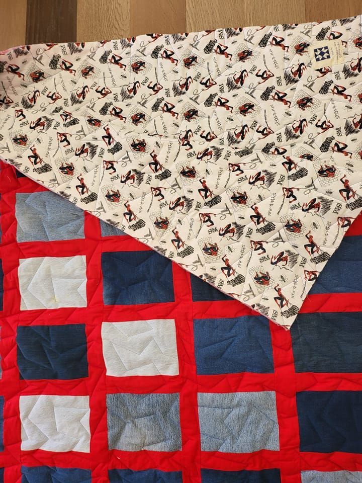 Quilt with red grid, blue and white squares, and a patterned white backing.