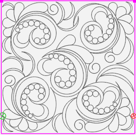 Black and white floral quilting pattern, square with swirling vines, circles, and beaded designs.