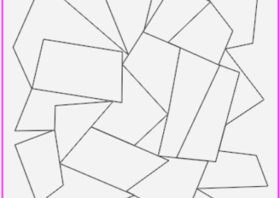 Abstract geometric shapes in a jumbled arrangement, outlined in black, on a white background, with a pink border.