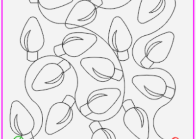 Line drawing of Christmas lights, tangled together in a pattern, with a pink border.