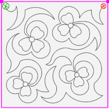 Line drawing of four stylized flowers with curved stems in a square, pink-bordered frame.