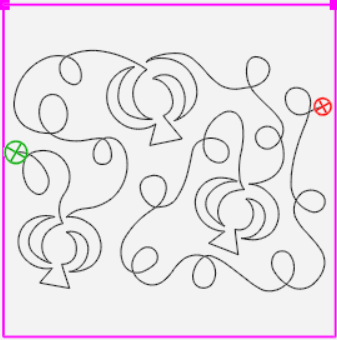 Quilting design. Continuous line with flower-like shapes, loops, green start, red end, pink border.