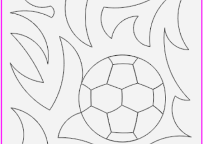 Soccer ball surrounded by flame-like shapes, outlined in black, inside a rectangular border.
