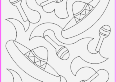 Black and white line art of sombreros and maracas.