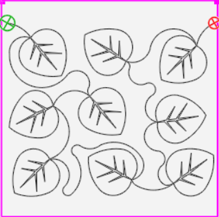 Line drawing of leaves connected by stems, within a pink border.
