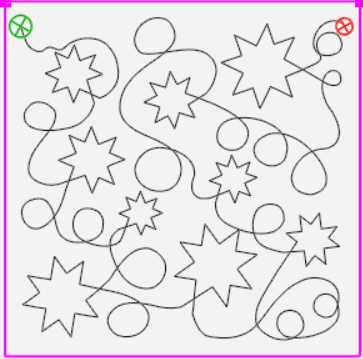 Black line drawing of stars and circles, with a curved path, within a pink square.