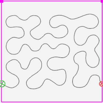 Black curvy lines against a white backdrop, framed in pink. Green and orange circles mark the start and end points.