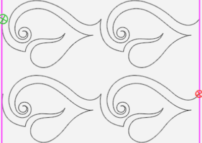 Four repeating heart and swirl quilting pattern designs. Green and red start/end markers.