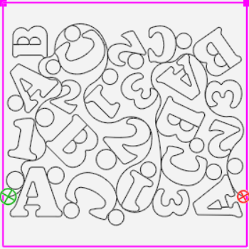 Black and white design of letters and numbers, with small circles, inside a pink border.