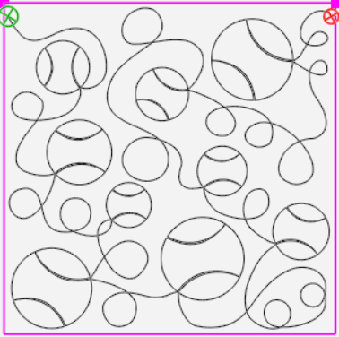 Black line art of tennis balls connected by curving lines, within a pink-framed square.
