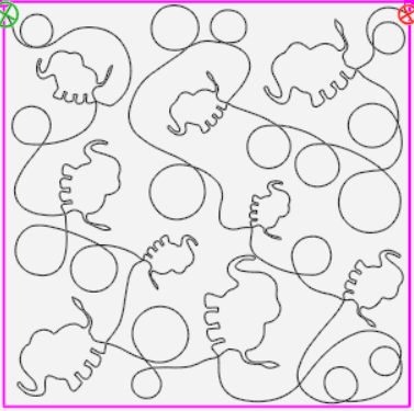 Line drawing of a quilt pattern with elephants and circles.