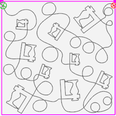 Quilting pattern featuring sewing machines and looping designs, inside a pink border.