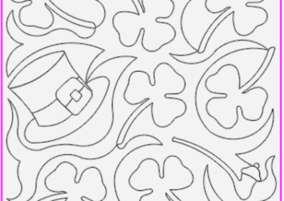 Outlined drawing of St. Patrick's Day design with hats, four-leaf clovers, and flowing lines.