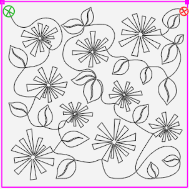 Black line drawing of a floral pattern with starburst flowers and leaves on a white background.
