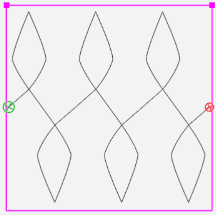 Black line art of a twisted diamond pattern within a pink square. Green and red circle markers at corners.