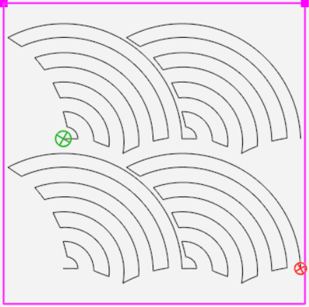 Geometric design of layered semi-circles, black lines on a gray background, enclosed in a pink square.