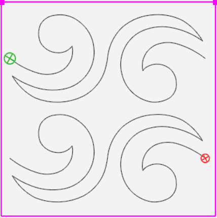 Stylized swirl design, with two starting points marked by colored circles, in a pink-bordered square.