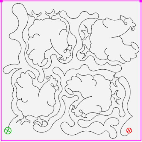 Line drawing of four chickens with wavy lines, a pink border, and start/end points.