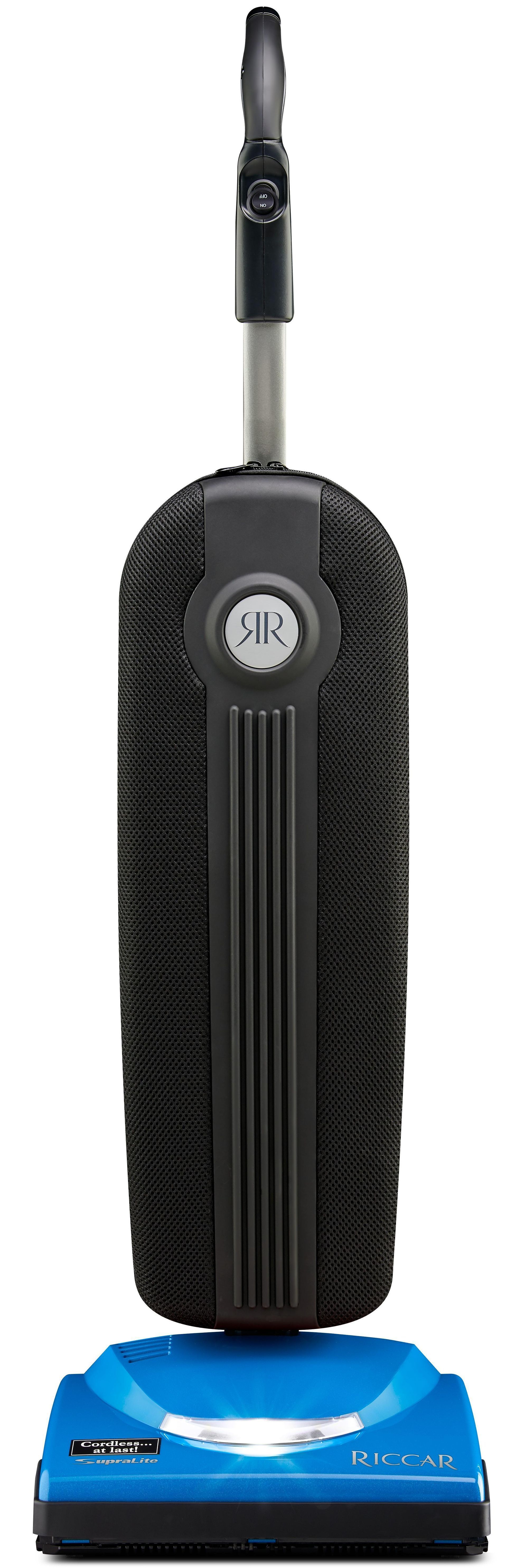 A black upright vacuum cleaner with a bright blue floor head set against a white background.