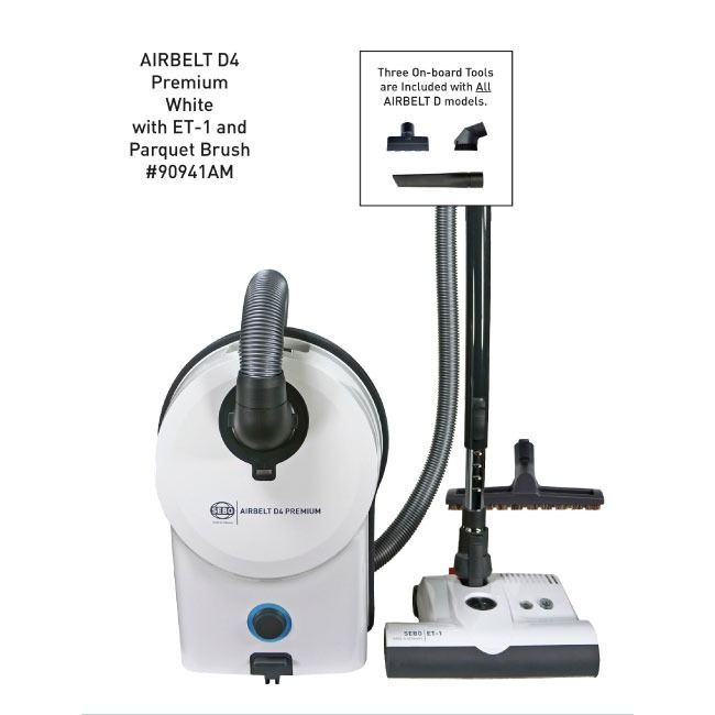 White AIRBELT D4 vacuum cleaner with attachments, including an electric power head and parquet brush.
