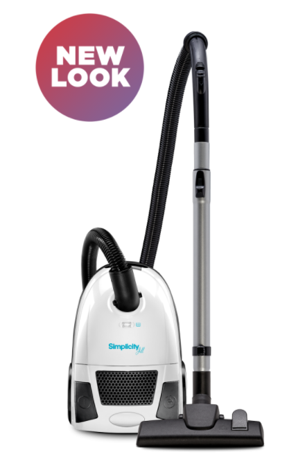 White and black canister vacuum cleaner with a silver wand and 
